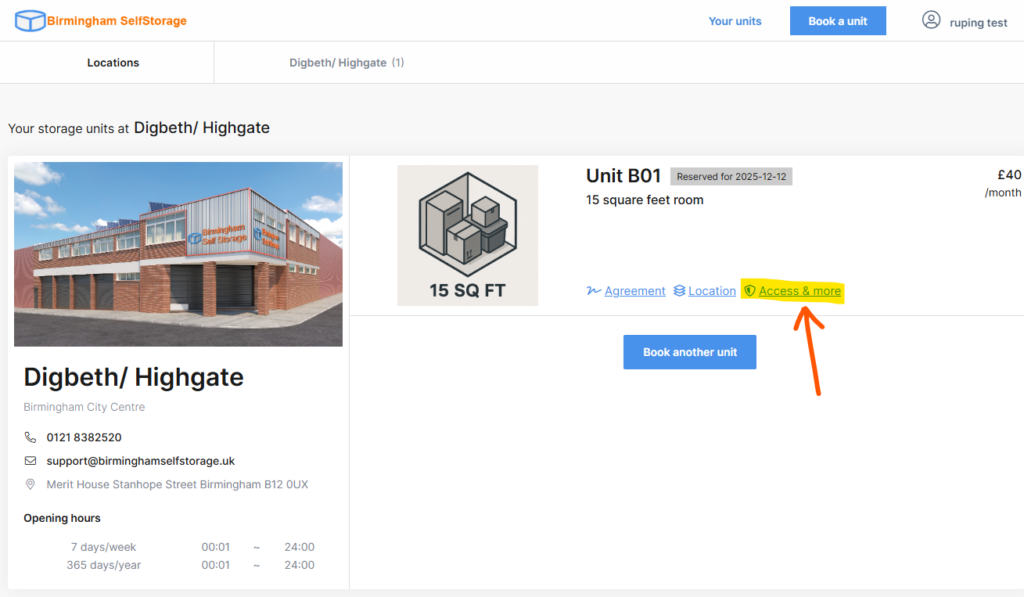 Birmingham Self Storage: my account page after login