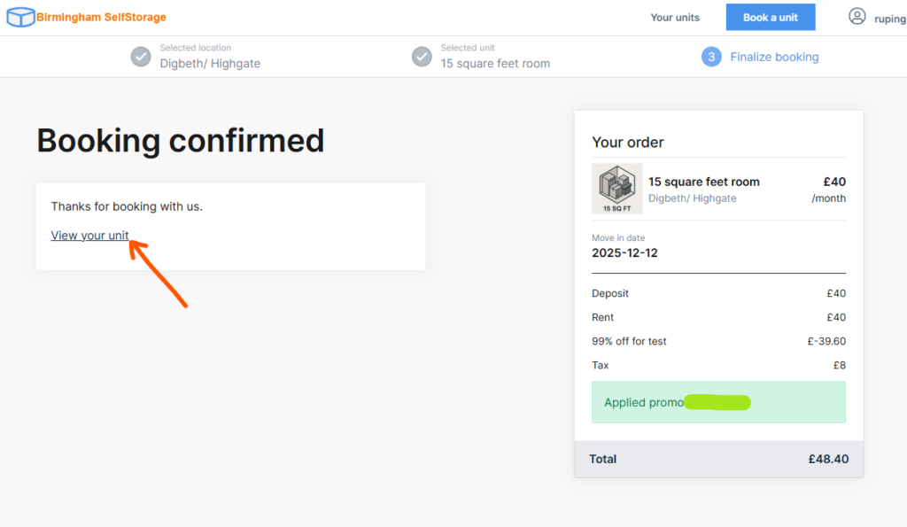 Bimingham Self Storage: Booking Confirmation screen