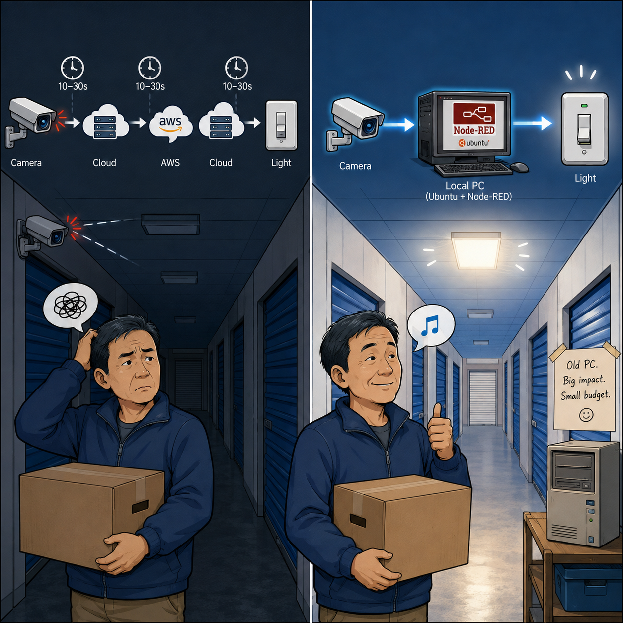 Two-panel comic showing an old, slow camera setup on the left and a fast, local Node-RED setup on the right: a man in a hallway with a box, then smiling with a lit light switch after the upgrade.